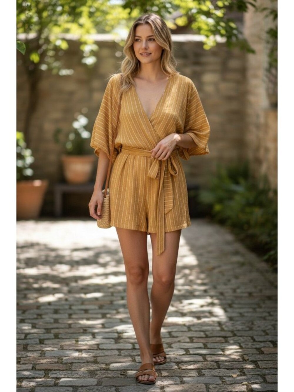 Yellow Striped Wrap Romper With Tie Waist By LuBella Boutique - Size S